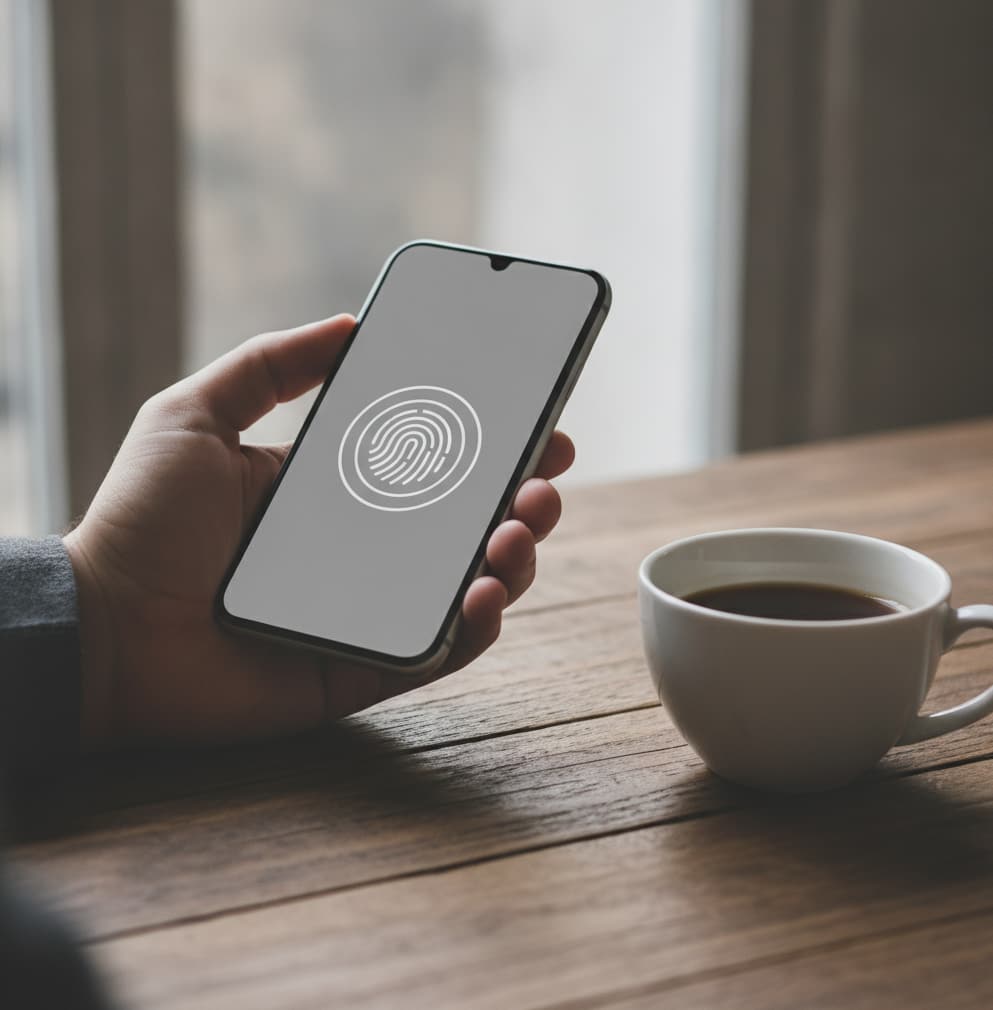 Dłoń trzymająca smartfon z ekranem logowania do aplikacji bankowej, obok filiżanka kawy na biurku.