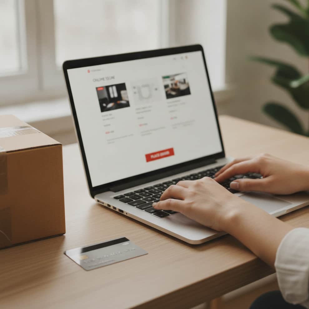 Dłonie na klawiaturze laptopa przy finalizowaniu zakupów w sklepie internetowym.