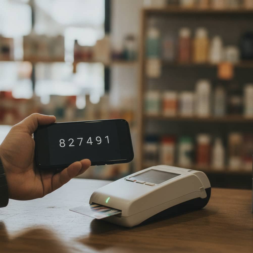 Dłoń przy terminalu płatniczym i telefon z sześciocyfrowym kodem na ladzie sklepowej.