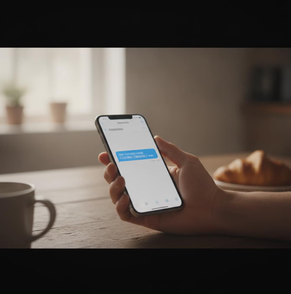 Telefon z wiadomością tekstową z podejrzanym linkiem, trzymany w dłoni.