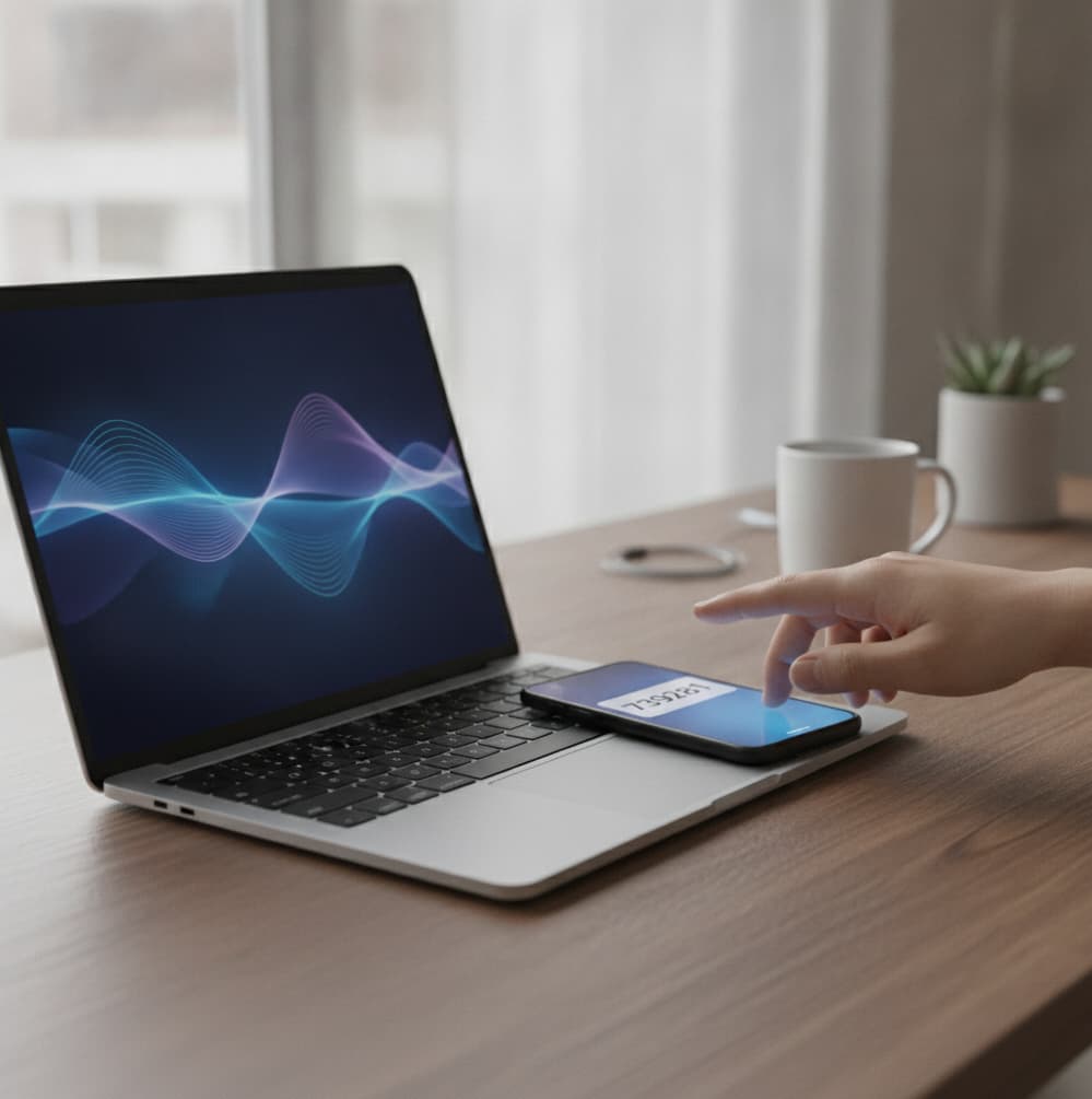 Laptop i telefon obok siebie, na telefonie powiadomienie z kodem potwierdzającym logowanie.